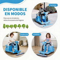 Garvee Coche Eléctrico Infantil 2 en 1 con Función de Limpieza Mopa Batería 12V Mando a Distancia 2.4 GHz Luces LED y Bluetooth para Casa Azul Cielo
