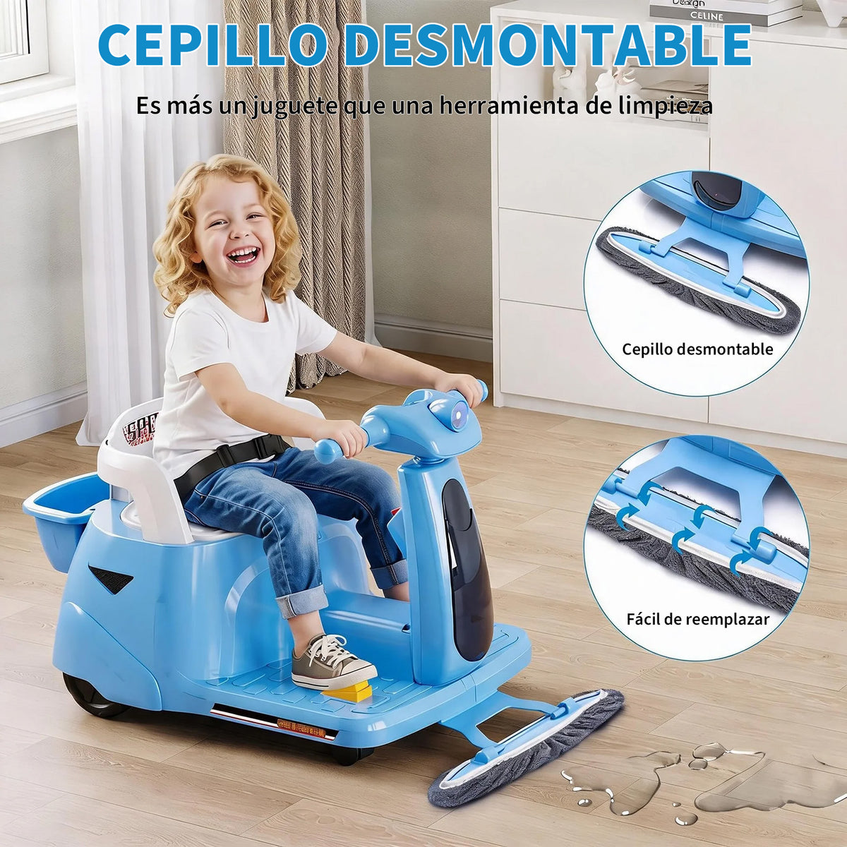 Garvee Coche Eléctrico Infantil 2 en 1 con Función de Limpieza Mopa Batería 12V Mando a Distancia 2.4 GHz Luces LED y Bluetooth para Casa Azul Cielo