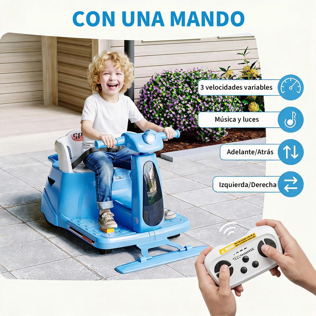 Garvee Coche Eléctrico Infantil 2 en 1 con Función de Limpieza Mopa Batería 12V Mando a Distancia 2.4 GHz Luces LED y Bluetooth para Casa Azul Cielo