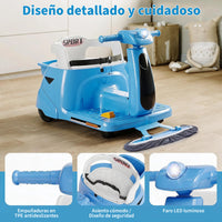 Garvee Coche Eléctrico Infantil 2 en 1 con Función de Limpieza Mopa Batería 12V Mando a Distancia 2.4 GHz Luces LED y Bluetooth para Casa Azul Cielo