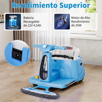 Garvee Coche Eléctrico Infantil 2 en 1 con Función de Limpieza Mopa Batería 12V Mando a Distancia 2.4 GHz Luces LED y Bluetooth para Casa Azul Cielo