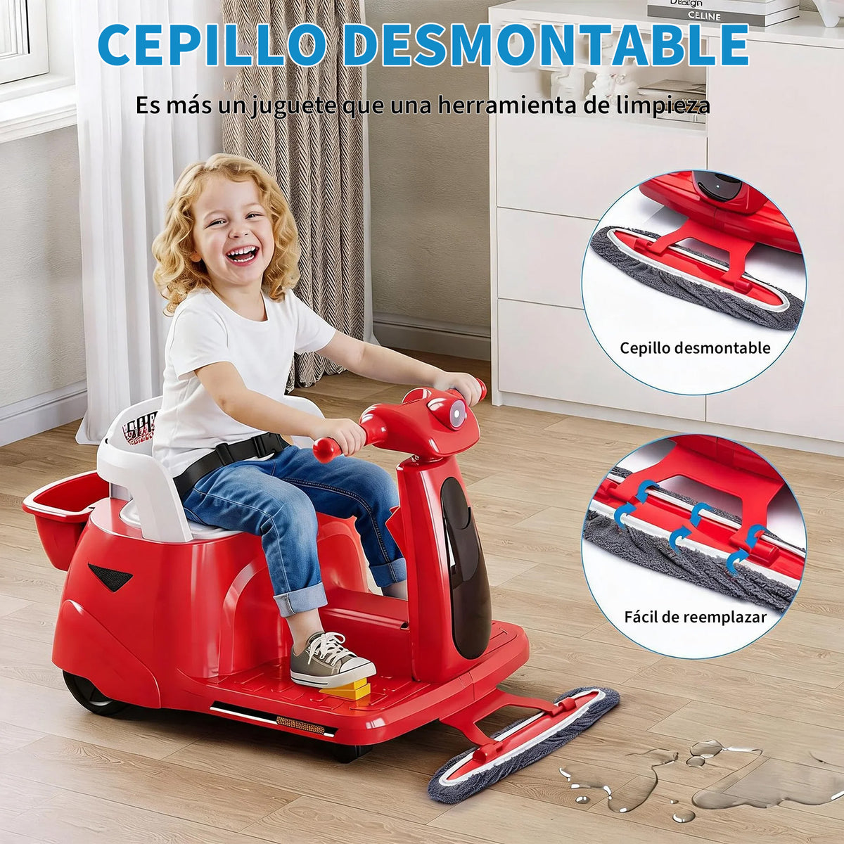 Garvee Vehículo Eléctrico Infantil 12V 4.5AH de PP, Función 2 en 1 con Mopa Extraíble, Control Remoto Parental 2,4G, Batería Longway, Estándar EU, Rojo