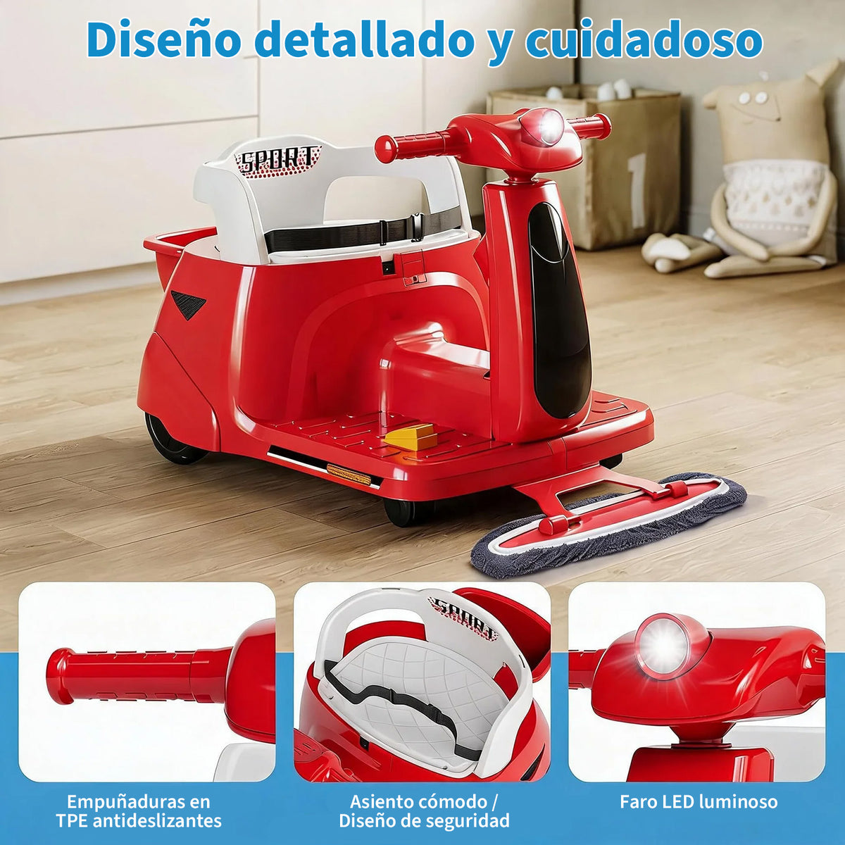 Garvee Vehículo Eléctrico Infantil 12V 4.5AH de PP, Función 2 en 1 con Mopa Extraíble, Control Remoto Parental 2,4G, Batería Longway, Estándar EU, Rojo