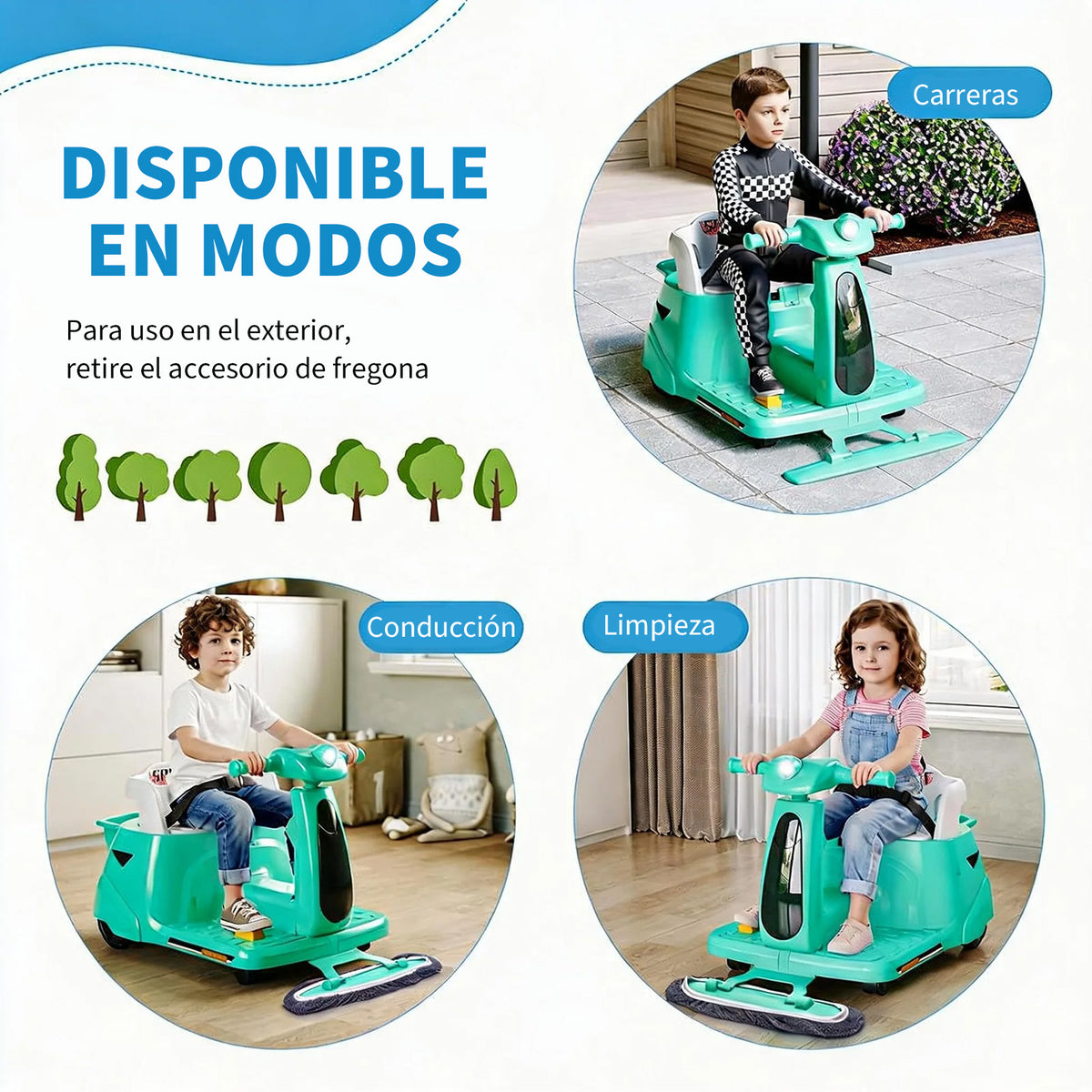 Garvee Coche Eléctrico Infantil 2 en 1 con Función de Limpieza Mopa Batería 12V Mando a Distancia 2.4 GHz Luces LED y Bluetooth para Casa Verde Frutal