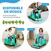 Garvee Coche Eléctrico Infantil 2 en 1 con Función de Limpieza Mopa Batería 12V Mando a Distancia 2.4 GHz Luces LED y Bluetooth para Casa Verde Frutal