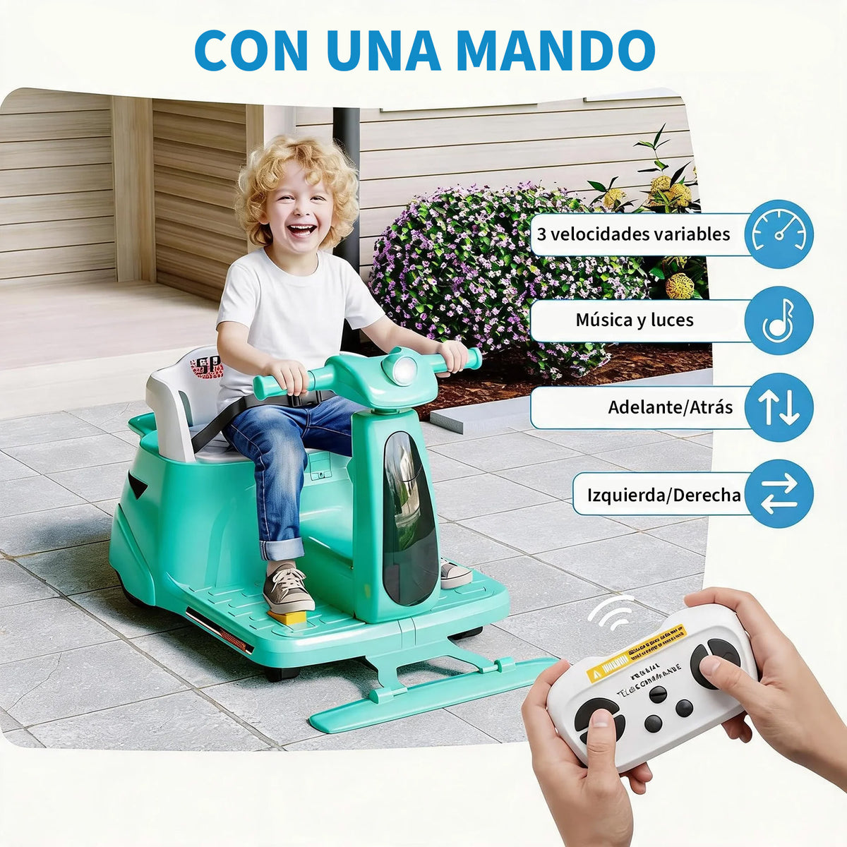 Garvee Coche Eléctrico Infantil 2 en 1 con Función de Limpieza Mopa Batería 12V Mando a Distancia 2.4 GHz Luces LED y Bluetooth para Casa Verde Frutal