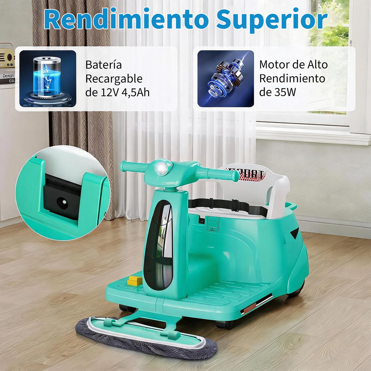 Garvee Coche Eléctrico Infantil 2 en 1 con Función de Limpieza Mopa Batería 12V Mando a Distancia 2.4 GHz Luces LED y Bluetooth para Casa Verde Frutal