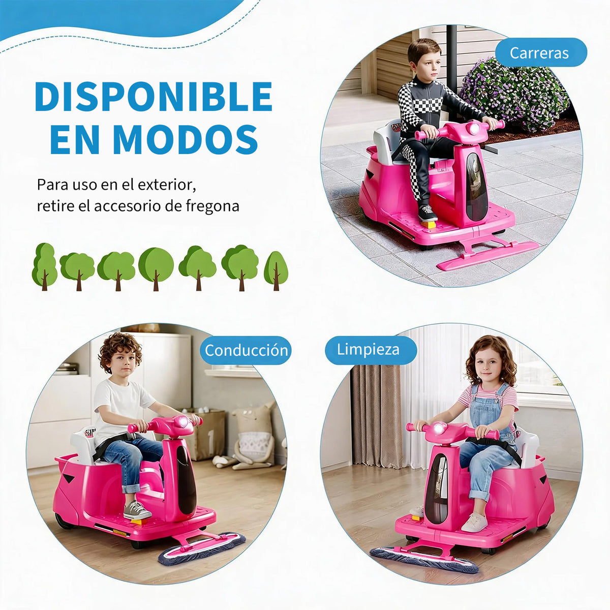 Garvee Coche Eléctrico Infantil 12V 4.5AH de PP, Función 2 en 1 con Mopa Desmontable, Control Parental 2,4G, Estándar EU, para Suelos Lisos, Rosa