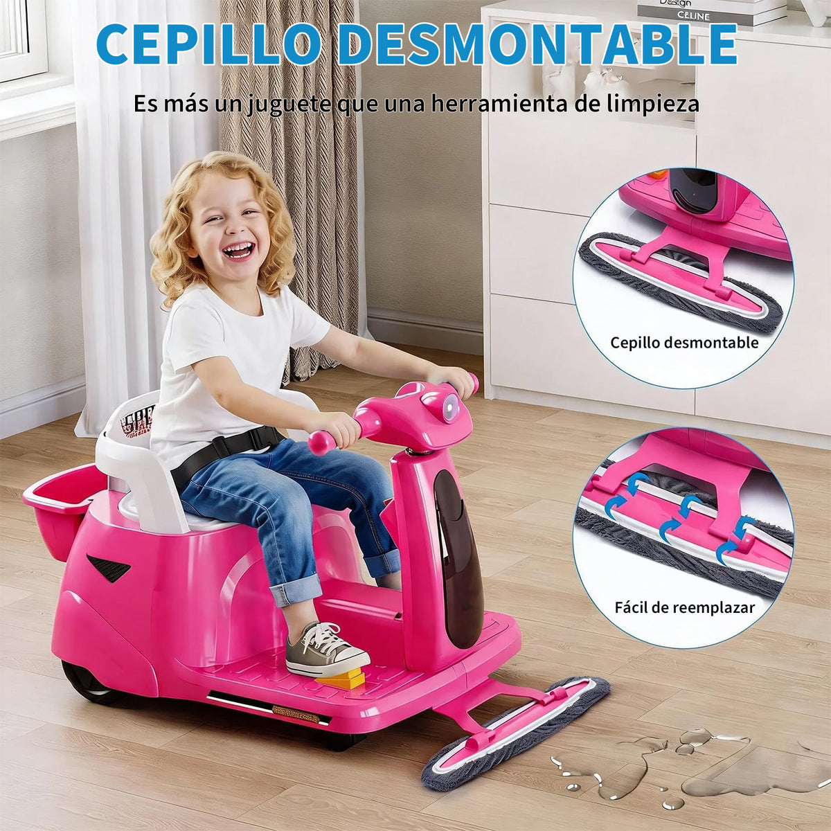Garvee Coche Eléctrico Infantil 12V 4.5AH de PP, Función 2 en 1 con Mopa Desmontable, Control Parental 2,4G, Estándar EU, para Suelos Lisos, Rosa