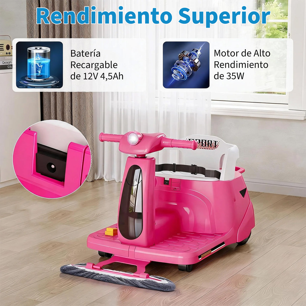 Garvee Coche Eléctrico Infantil 12V 4.5AH de PP, Función 2 en 1 con Mopa Desmontable, Control Parental 2,4G, Estándar EU, para Suelos Lisos, Rosa