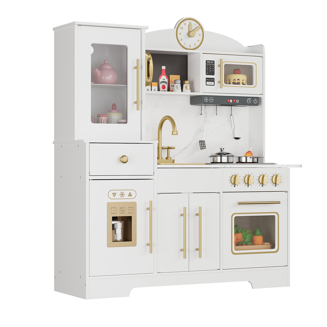 Garvee Cocina de Juguete de Madera MDF para Niños con Luces y Sonidos, Cocinita Infantil con Fregadero y Horno para Juego de Rol Educativo, Blanco y Dorado