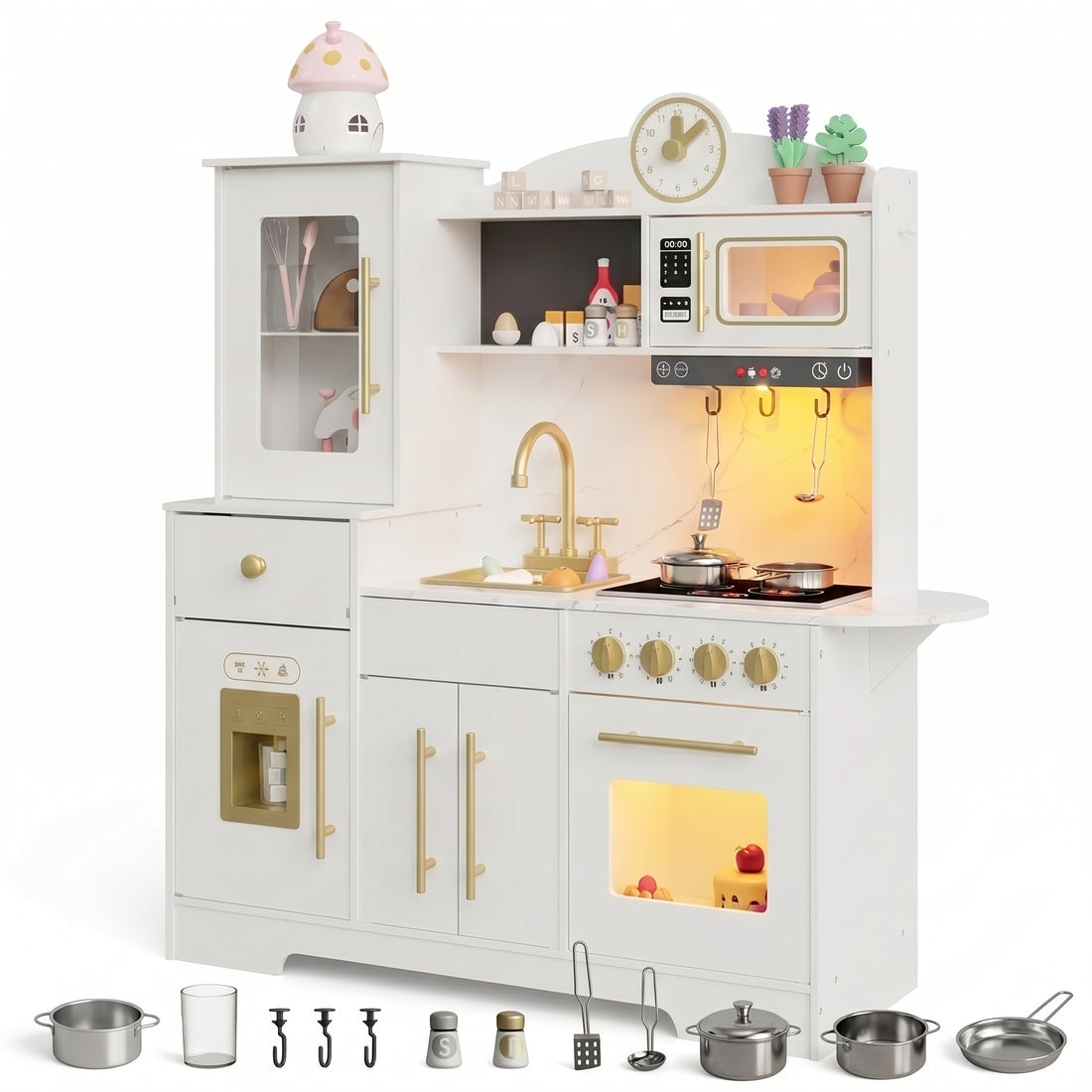 Garvee Juguete Educativo de Cocina de MDF para Niños, Cocinita Infantil con Panel Blanco y Accesorios Dorados para Juego de Roles, Blanco y Dorado