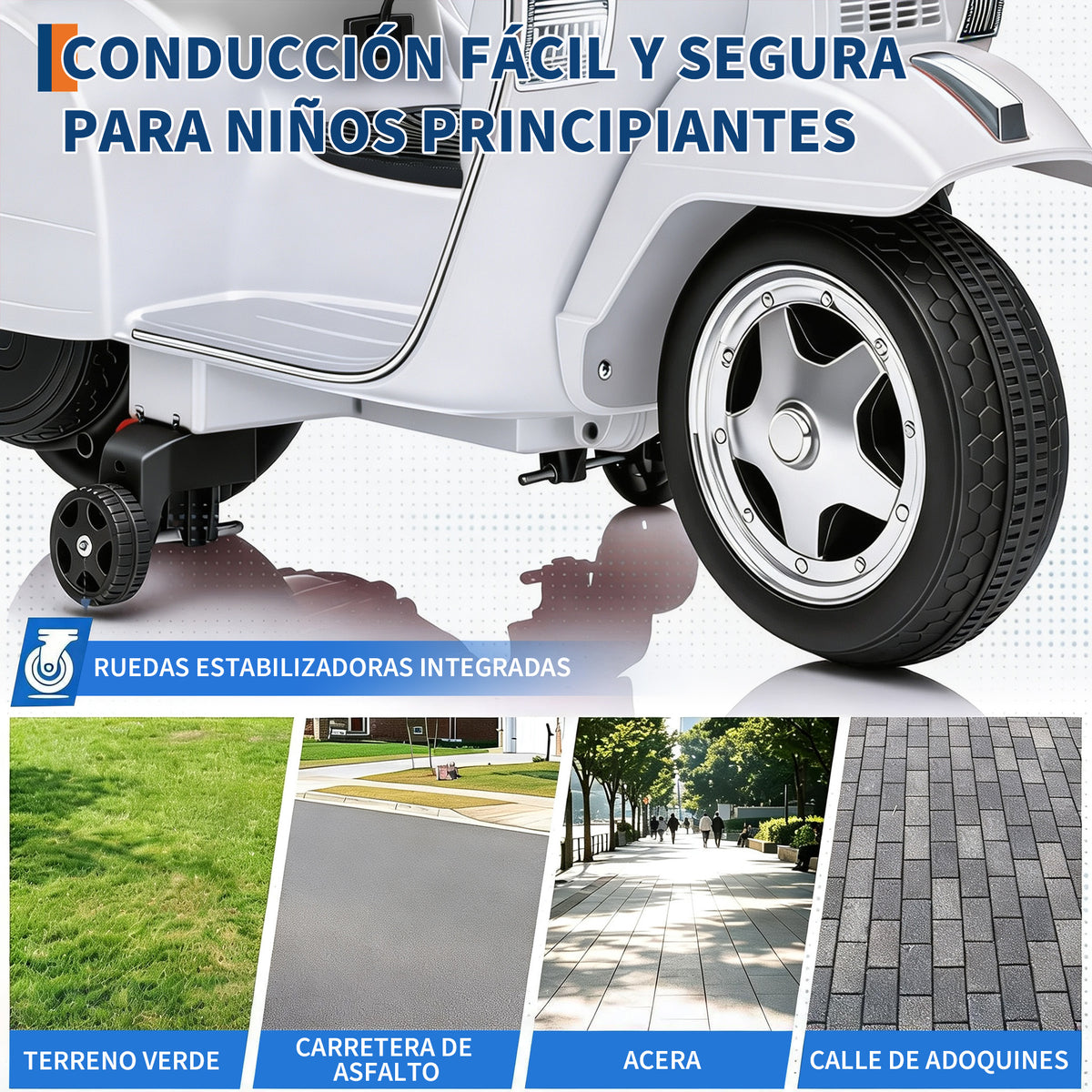 Garvee Moto Eléctrica Infantil Estilo Vespa PX150 con Licencia Oficial Batería 6V Motor 25W Faros LED Música y Ruedas de Apoyo Seguras Blanco