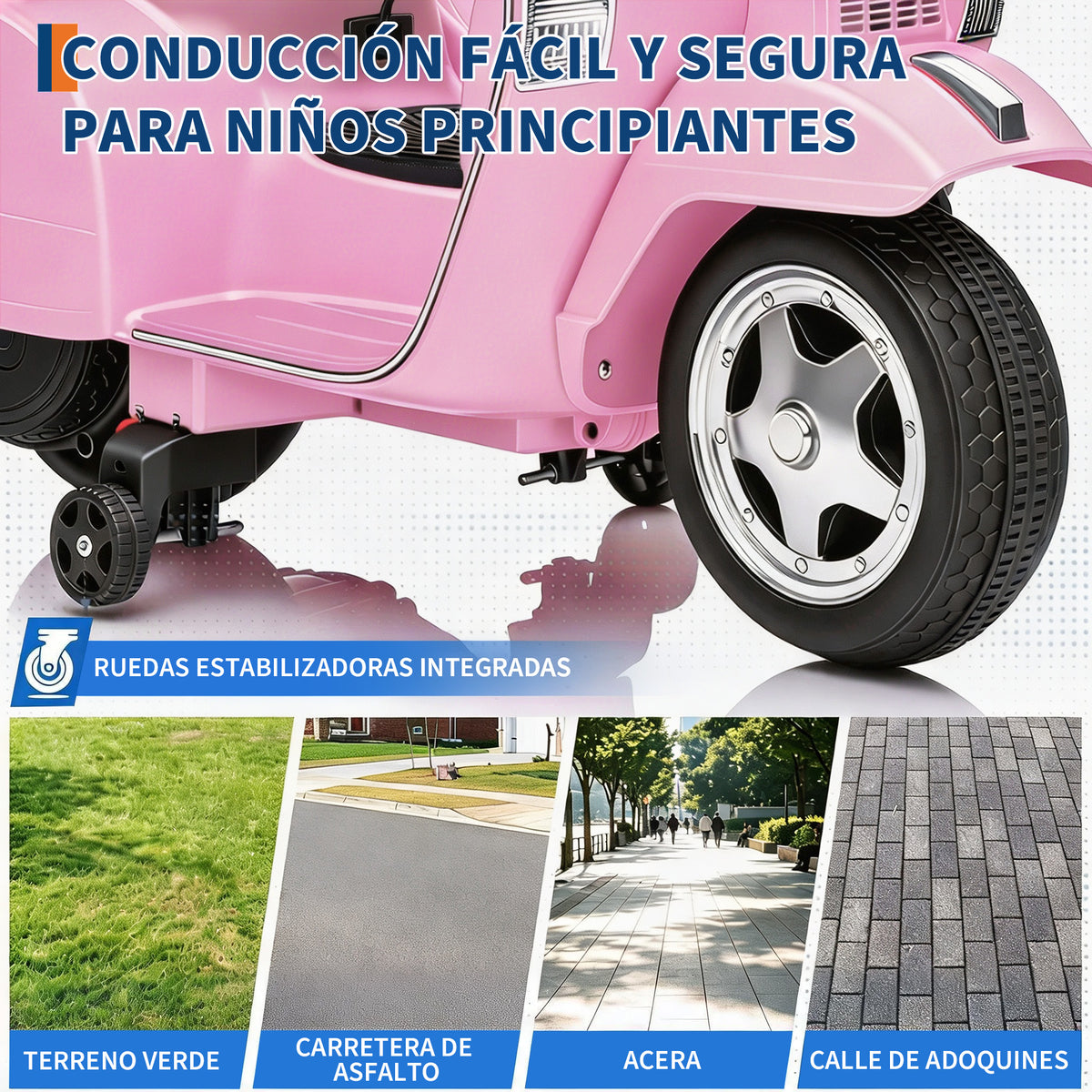 Garvee Moto Eléctrica Infantil Estilo Vespa PX150 con Licencia Oficial Batería 6V Motor 25W Faros LED Música y Ruedas de Apoyo Seguras Rosa