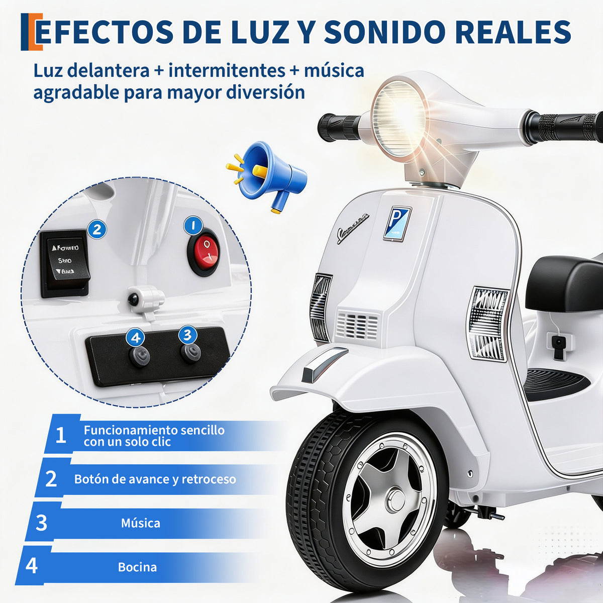 Garvee Moto Eléctrica Infantil Estilo Vespa PX150 con Licencia Oficial Batería 6V Motor 25W Faros LED Música y Ruedas de Apoyo Seguras Blanco