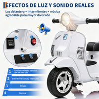 Garvee Moto Eléctrica Infantil Estilo Vespa PX150 con Licencia Oficial Batería 6V Motor 25W Faros LED Música y Ruedas de Apoyo Seguras Blanco