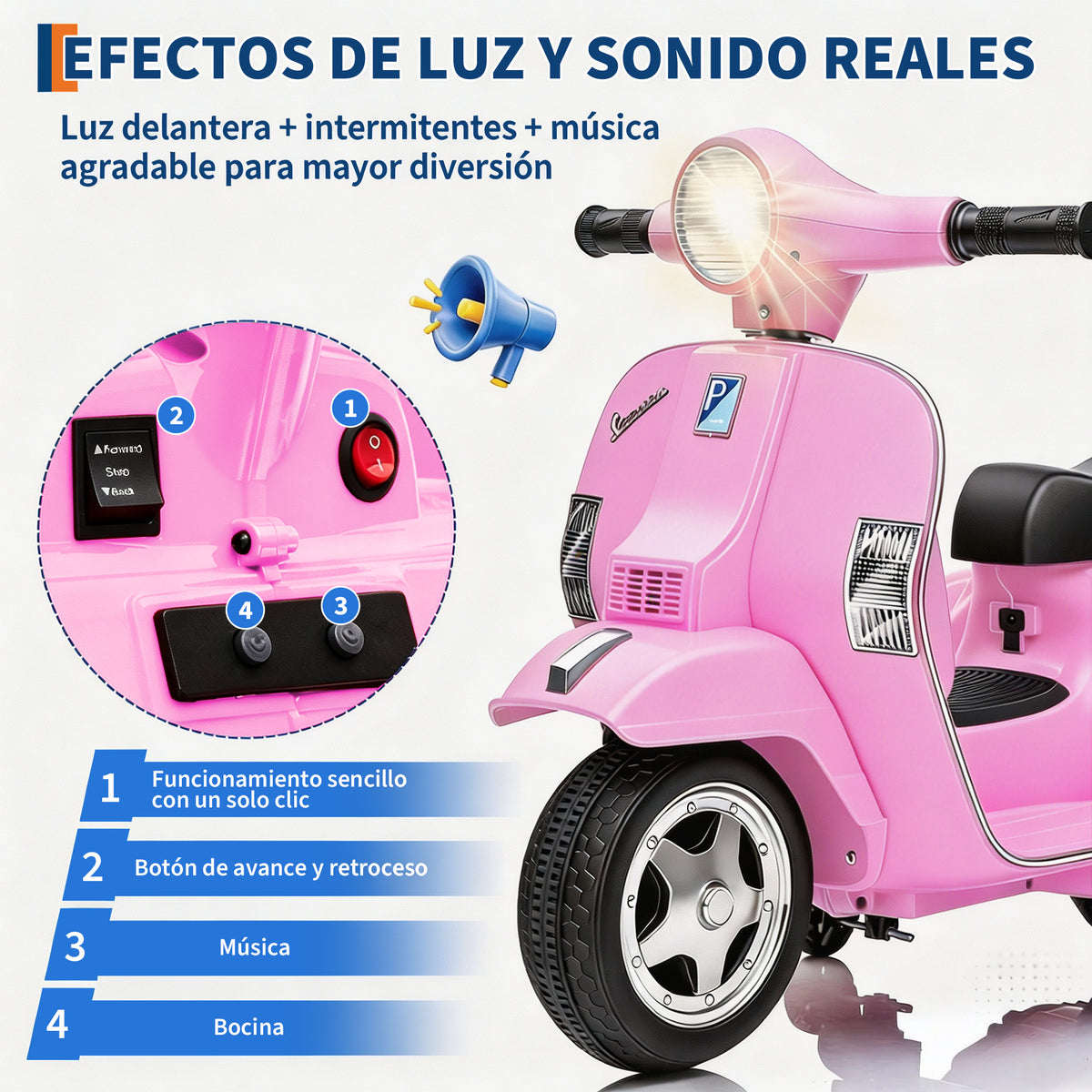 Garvee Moto Eléctrica Infantil Estilo Vespa PX150 con Licencia Oficial Batería 6V Motor 25W Faros LED Música y Ruedas de Apoyo Seguras Rosa
