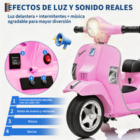 Garvee Moto Eléctrica Infantil Estilo Vespa PX150 con Licencia Oficial Batería 6V Motor 25W Faros LED Música y Ruedas de Apoyo Seguras Rosa