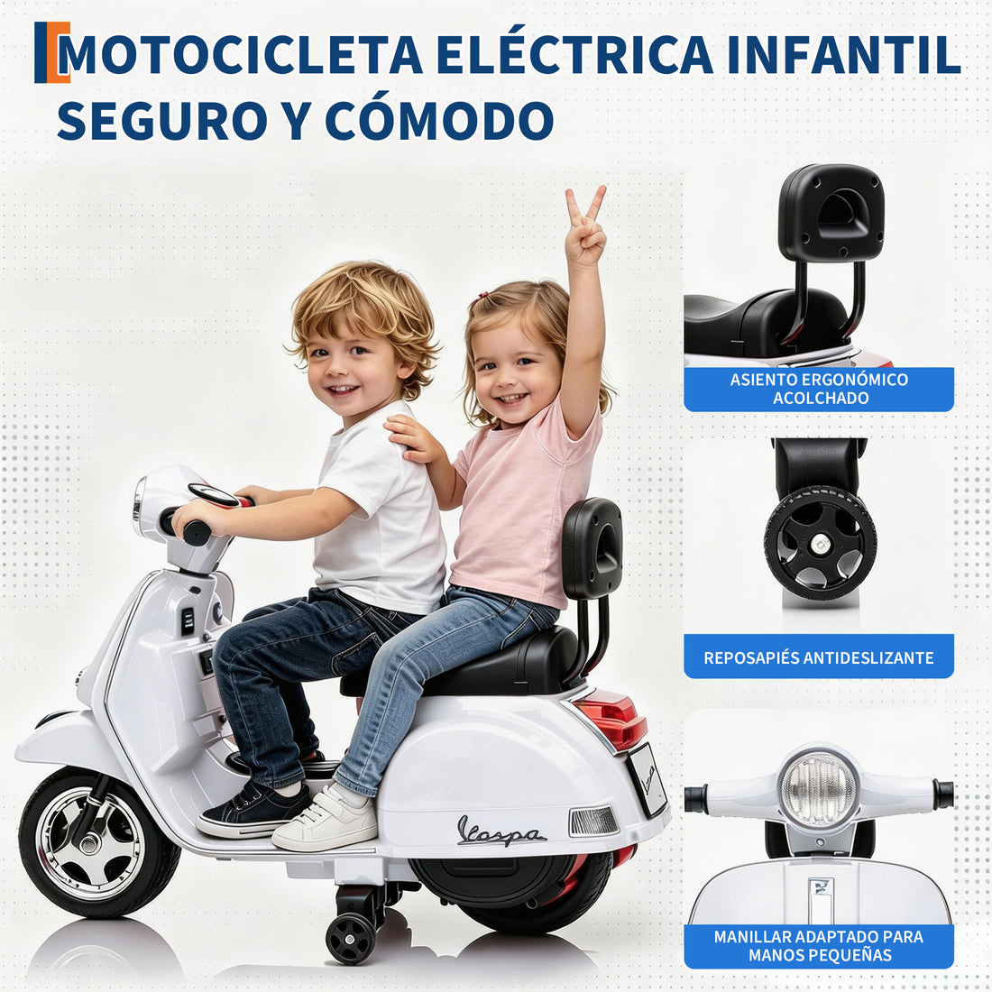 Garvee Moto Eléctrica Infantil Estilo Vespa PX150 con Licencia Oficial Batería 6V Motor 25W Faros LED Música y Ruedas de Apoyo Seguras Blanco