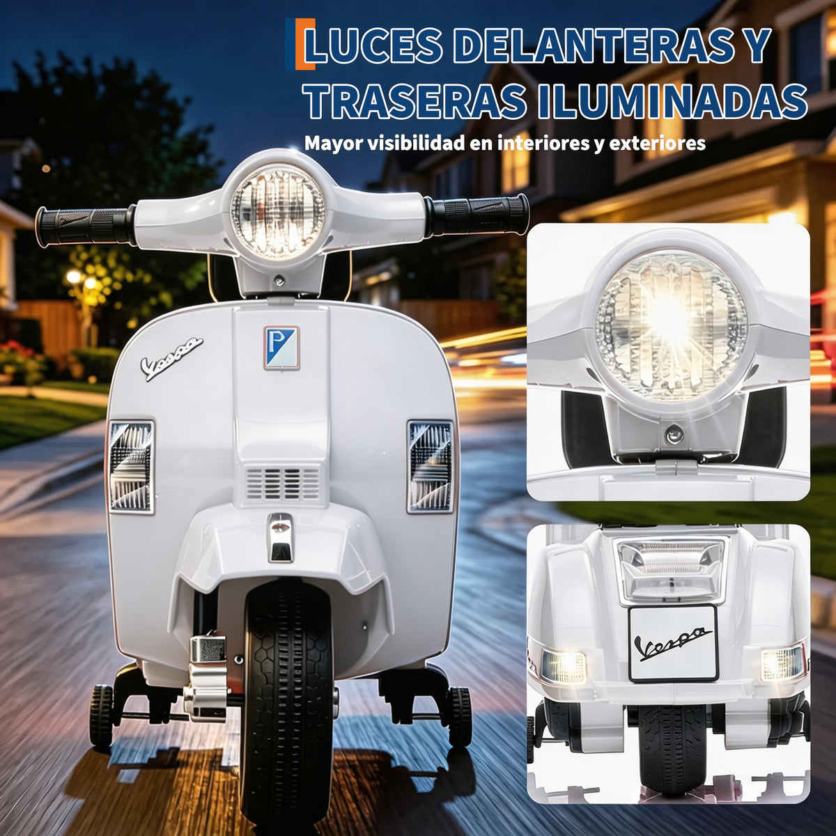 Garvee Moto Eléctrica Infantil Estilo Vespa PX150 con Licencia Oficial Batería 6V Motor 25W Faros LED Música y Ruedas de Apoyo Seguras Blanco