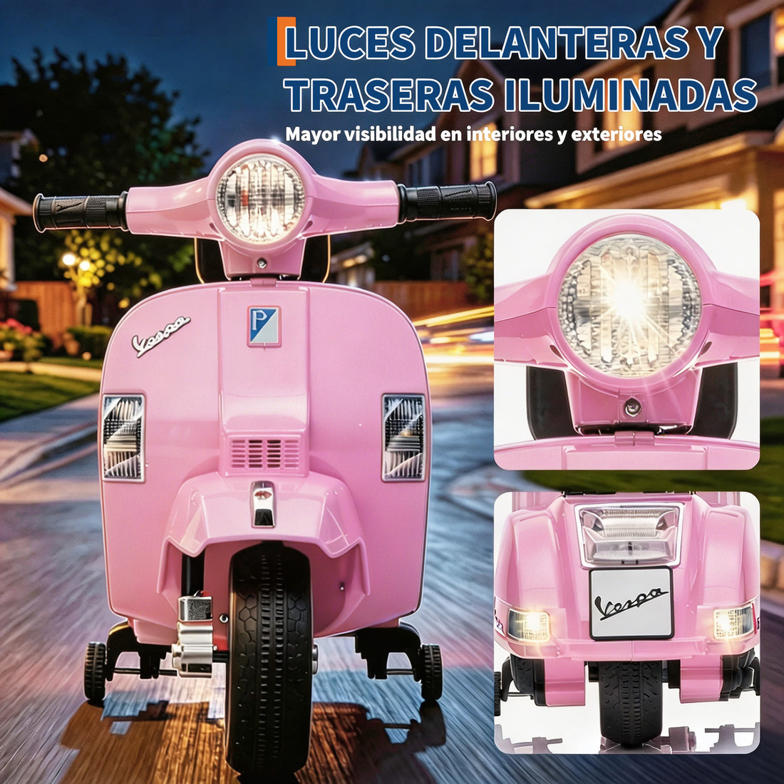Garvee Moto Eléctrica Infantil Estilo Vespa PX150 con Licencia Oficial Batería 6V Motor 25W Faros LED Música y Ruedas de Apoyo Seguras Rosa
