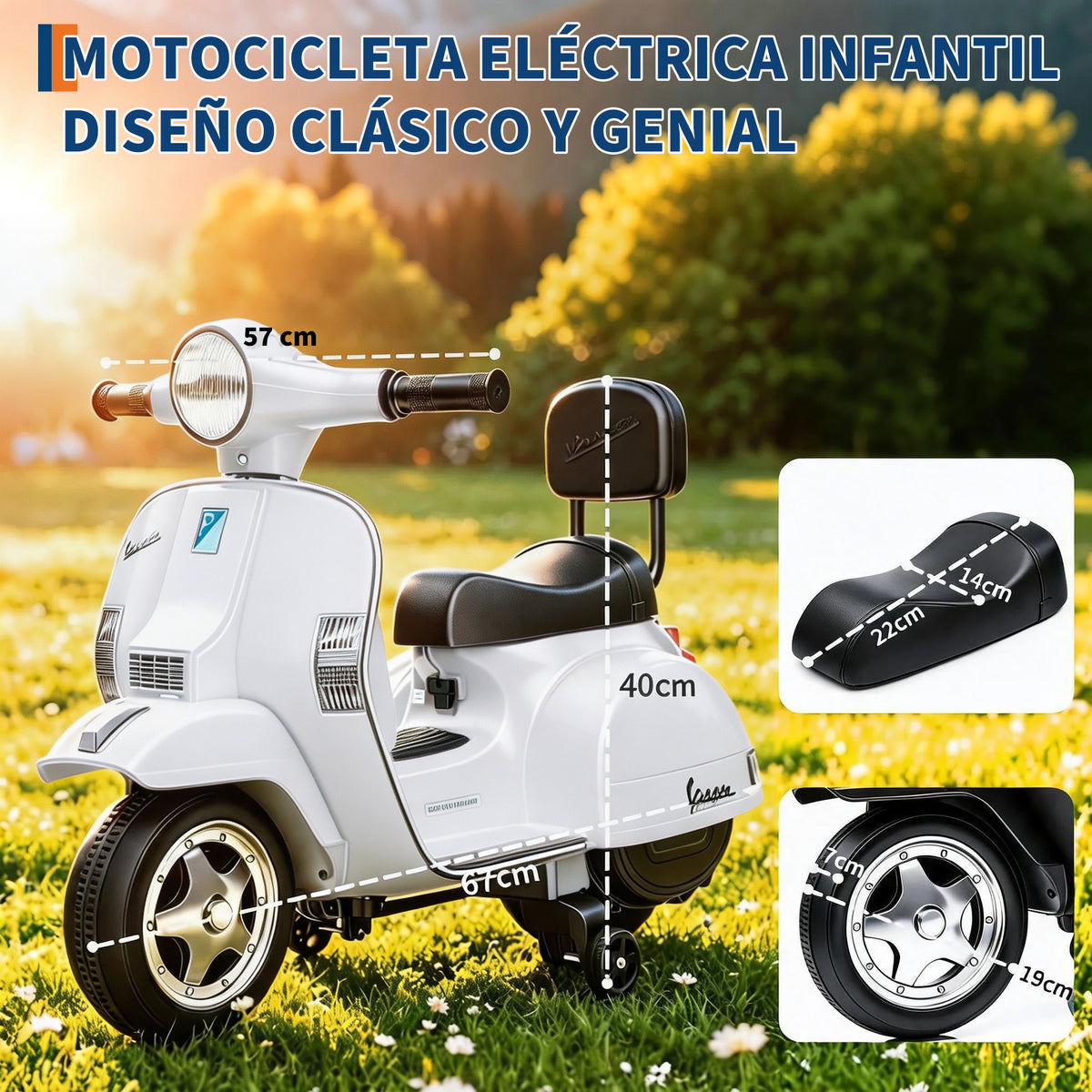 Garvee Moto Eléctrica Infantil Estilo Vespa PX150 con Licencia Oficial Batería 6V Motor 25W Faros LED Música y Ruedas de Apoyo Seguras Blanco