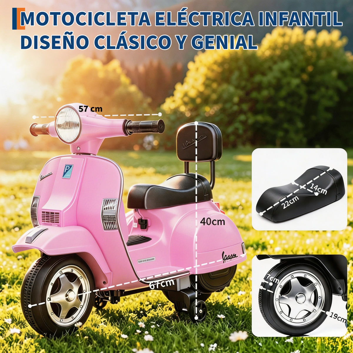 Garvee Moto Eléctrica Infantil Estilo Vespa PX150 con Licencia Oficial Batería 6V Motor 25W Faros LED Música y Ruedas de Apoyo Seguras Rosa