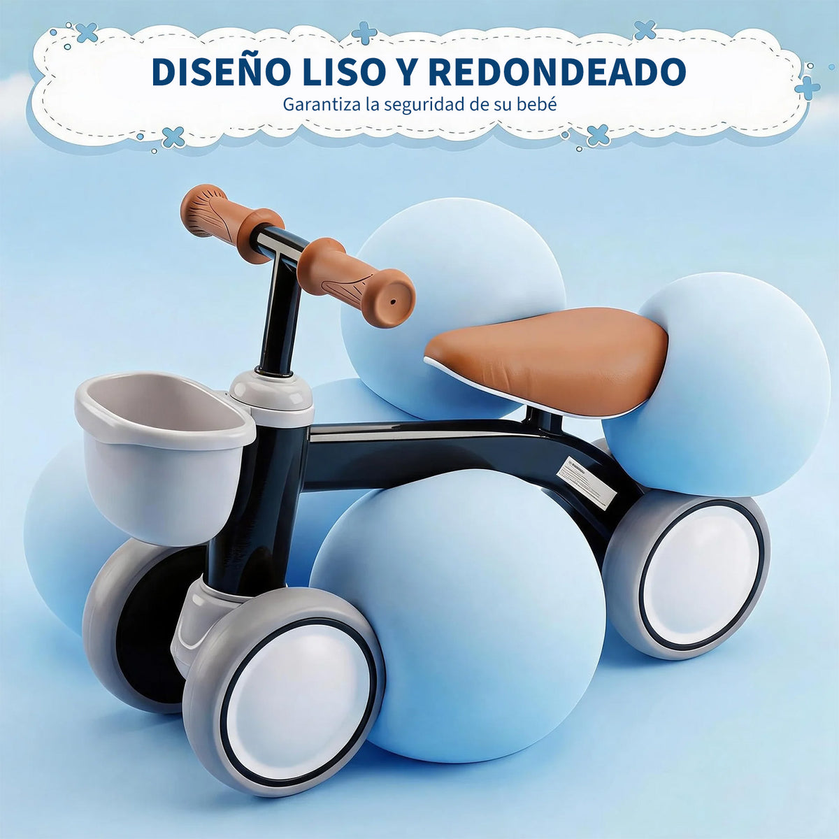 Garvee Bicicleta de Equilibrio para Bebé sin Pedales, Estructura de PP y Acero con Cesta Extraíble, 4 Ruedas Estables y Montaje sin Herramientas, Negro