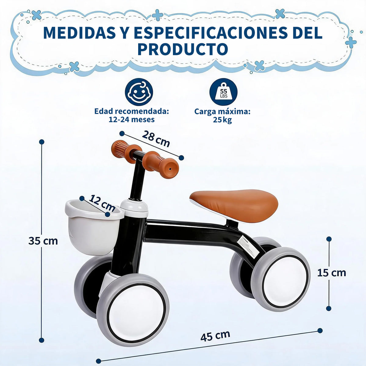 Garvee Bicicleta de Equilibrio para Bebé sin Pedales, Estructura de PP y Acero con Cesta Extraíble, 4 Ruedas Estables y Montaje sin Herramientas, Negro