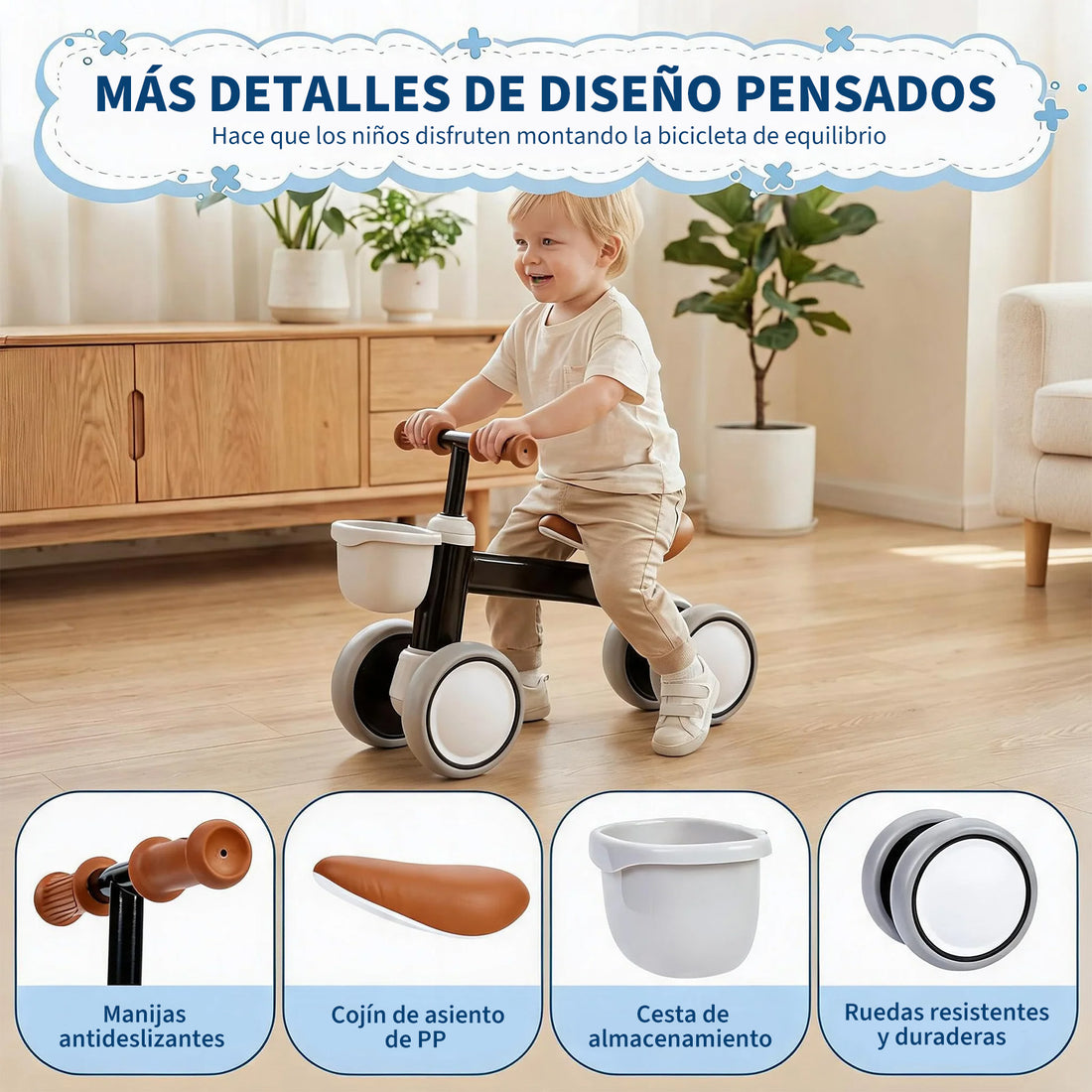Garvee Bicicleta de Equilibrio para Bebé sin Pedales, Estructura de PP y Acero con Cesta Extraíble, 4 Ruedas Estables y Montaje sin Herramientas, Negro