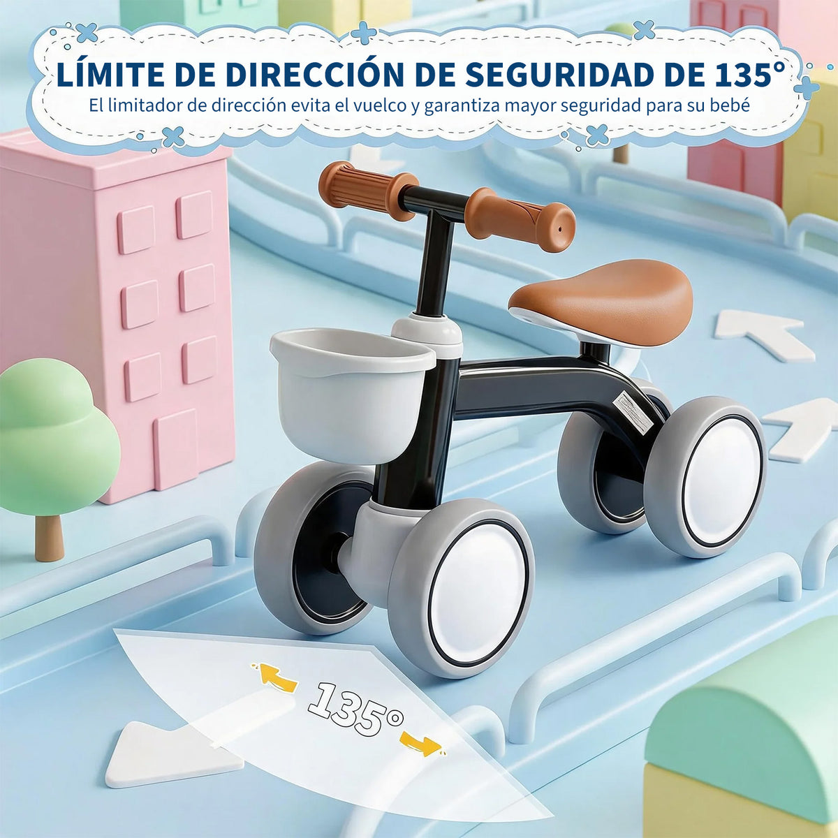 Garvee Bicicleta de Equilibrio para Bebé sin Pedales, Estructura de PP y Acero con Cesta Extraíble, 4 Ruedas Estables y Montaje sin Herramientas, Negro