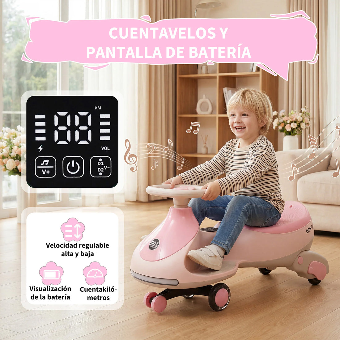 Garvee Coche Eléctrico Infantil 2 en 1 Tipo Twistcar Antivuelco con Ruedas LED y Música, Modo Manual y Eléctrico, Batería 12 V 4,5 Ah, Hasta 30 kg, para Niños desde 3 Años, Rosa Claro