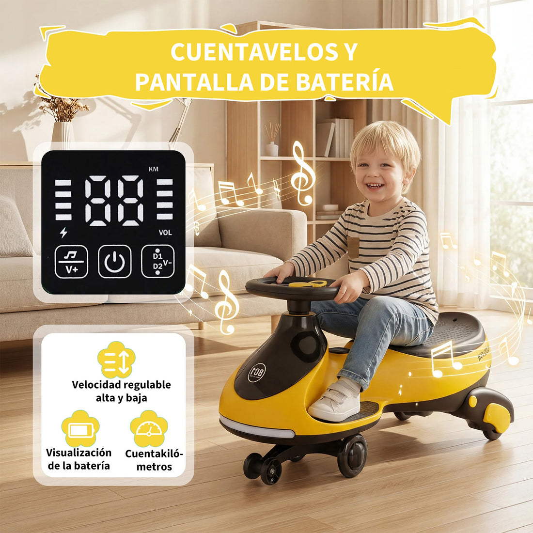 Garvee Coche Eléctrico Infantil 2 en 1 Tipo Twistcar Antivuelco con Ruedas LED y Música, Modo Manual y Eléctrico, Batería 12 V 4,5 Ah, Hasta 30 kg, para Niños desde 3 Años, Amarillo
