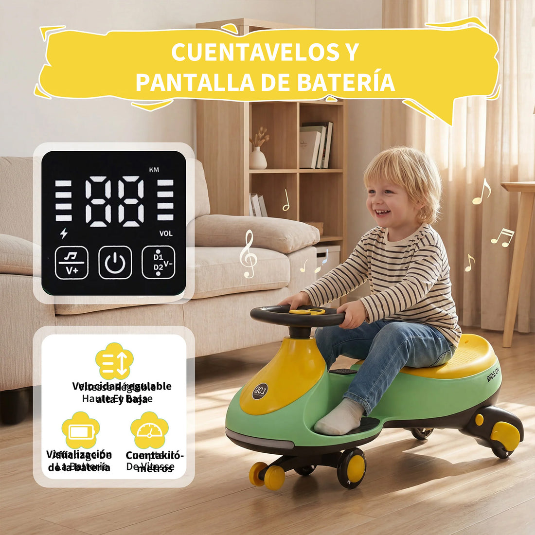 Garvee Coche Eléctrico Infantil 2 en 1 Tipo Twistcar Batería 12V Volante 360° Ruedas LED Antivuelco y Música Capacidad 30 kg Verde