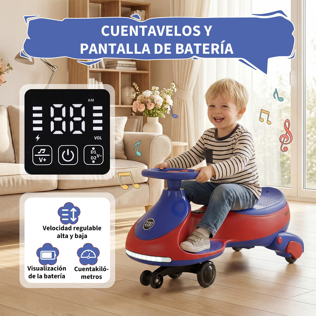 Garvee Coche Eléctrico Infantil 2 en 1 Tipo Twistcar Batería 12V Volante 360° Chasis Antivuelco Asiento de 38 cm Ruedas LED y Música Capacidad 30 kg Rojo