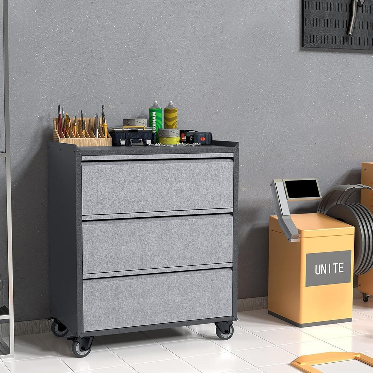 Garvee Gabinete de Almacenaje Metálico con 3 Cajones y Ruedas de 90x77x46 cm en Acero para Taller y Garaje Gris Claro y Gris Oscuro