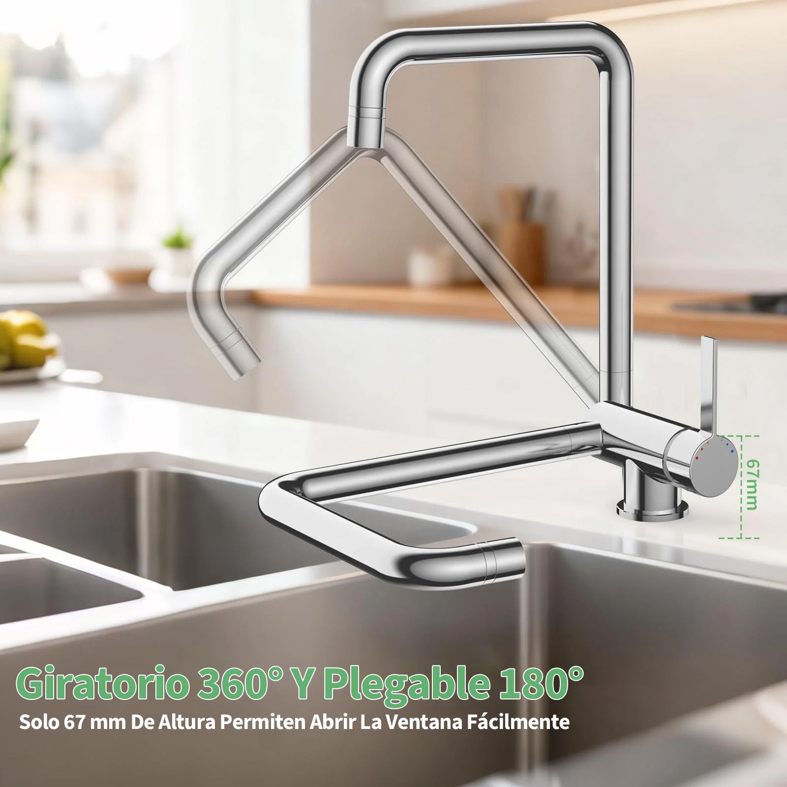 Garvee Grifo de Cocina Plegable en Latón Cepillado Dorado 60cm, 2 Modos de Chorro, Regulación Frío-Calor, Tubos de Entrada Norma Europea G3/8