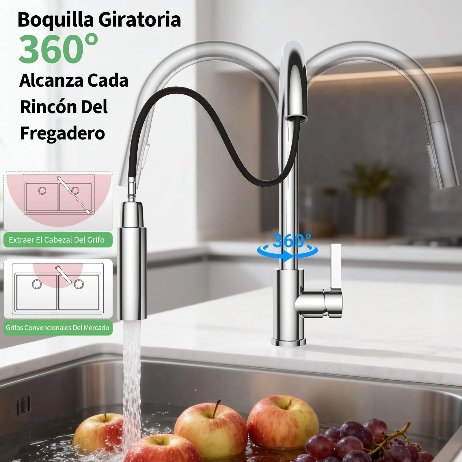 Garvee Grifo de Cocina Extraíble Acero Inoxidable 304, Caño Giratorio 360°, Tubo Flexible 60 cm, Mezclador Agua Fría y Caliente, Acabado Cromado