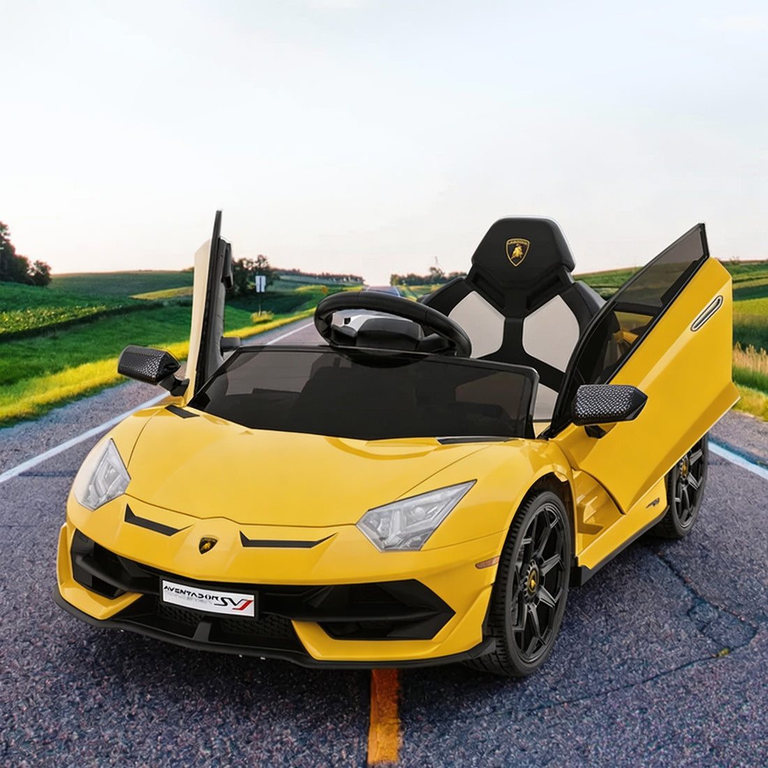 Garvee Coche Electrico Infantil con Puertas Hidraulicas Suspension de Muelles y Control Remoto Seguro, 12V Amarillo