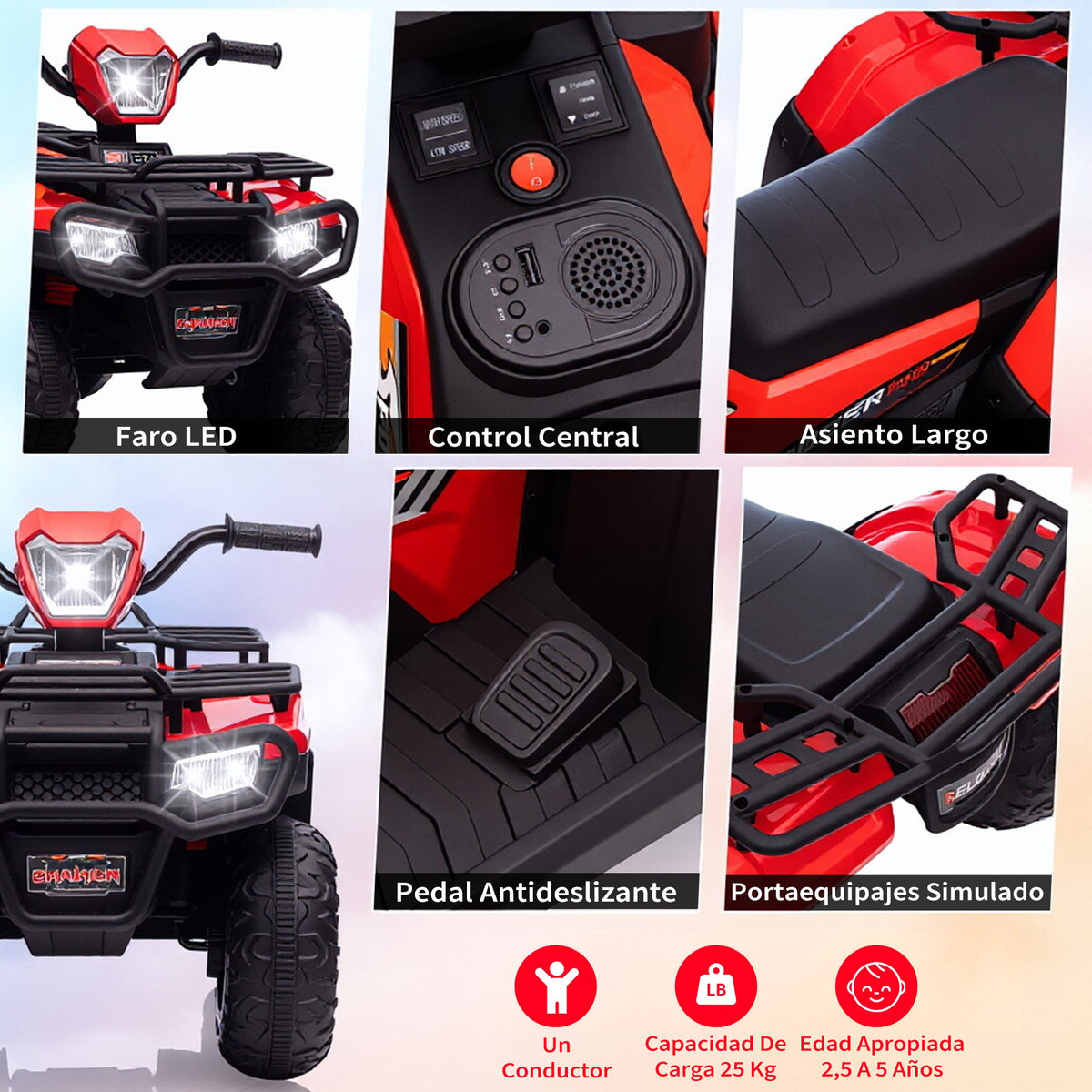 Garvee ATV Eléctrico para Niños de 12V con Motores Dobles de 30W Velocidad de 2 a 5 km/h y Dimensiones de 88x46x50 cm para Edades de 3 a 6 Años, Rojo