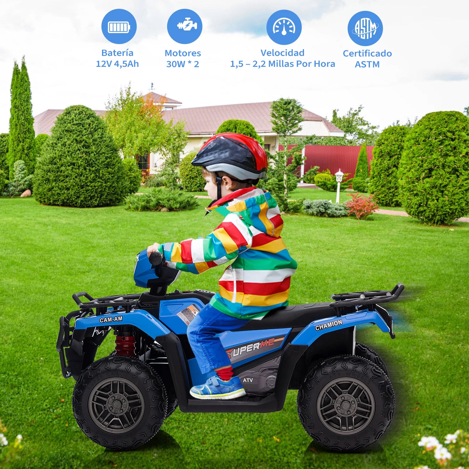 Garvee ATV Eléctrico Infantil de 12V con Doble Motor de 30W y Velocidad de 2 a 5 km/h Mini Quad para Niños de 3 a 6 Años, Azul
