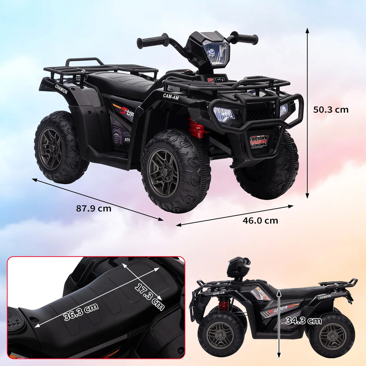 Garvee ATV Eléctrico para Niños de 12V con Motores Dobles de 30W Velocidad de 2 a 5 km/h y Dimensiones de 88x46x50 cm para Edades de 3 a 6 Años, Negro