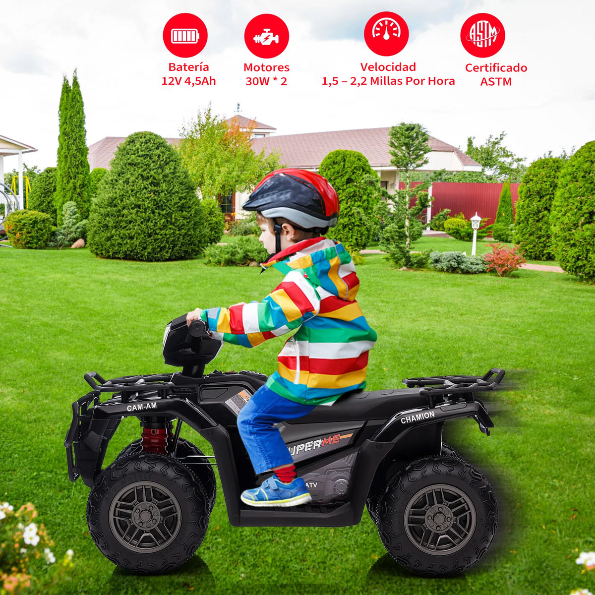Garvee ATV Eléctrico para Niños de 12V con Motores Dobles de 30W Velocidad de 2 a 5 km/h y Dimensiones de 88x46x50 cm para Edades de 3 a 6 Años, Negro