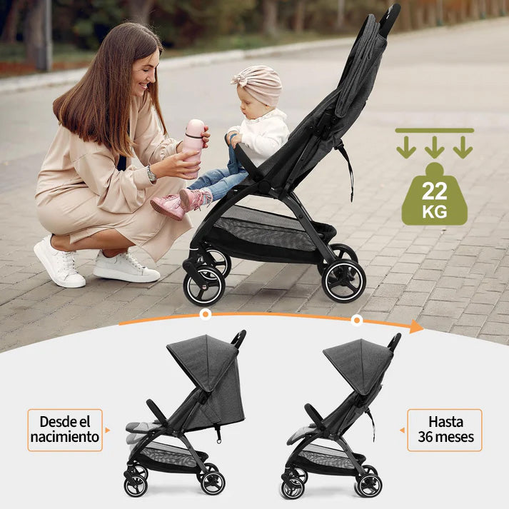 Garvee Cochecito De Bebé Ultraligero Y Compacto Con Asiento Reversible, Ruedas EVA, Plegable, Gris, Ideal Para Paseos Y Viajes