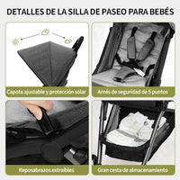 Garvee Cochecito De Bebé Ultraligero Y Compacto Con Asiento Reversible, Ruedas EVA, Plegable, Gris, Ideal Para Paseos Y Viajes