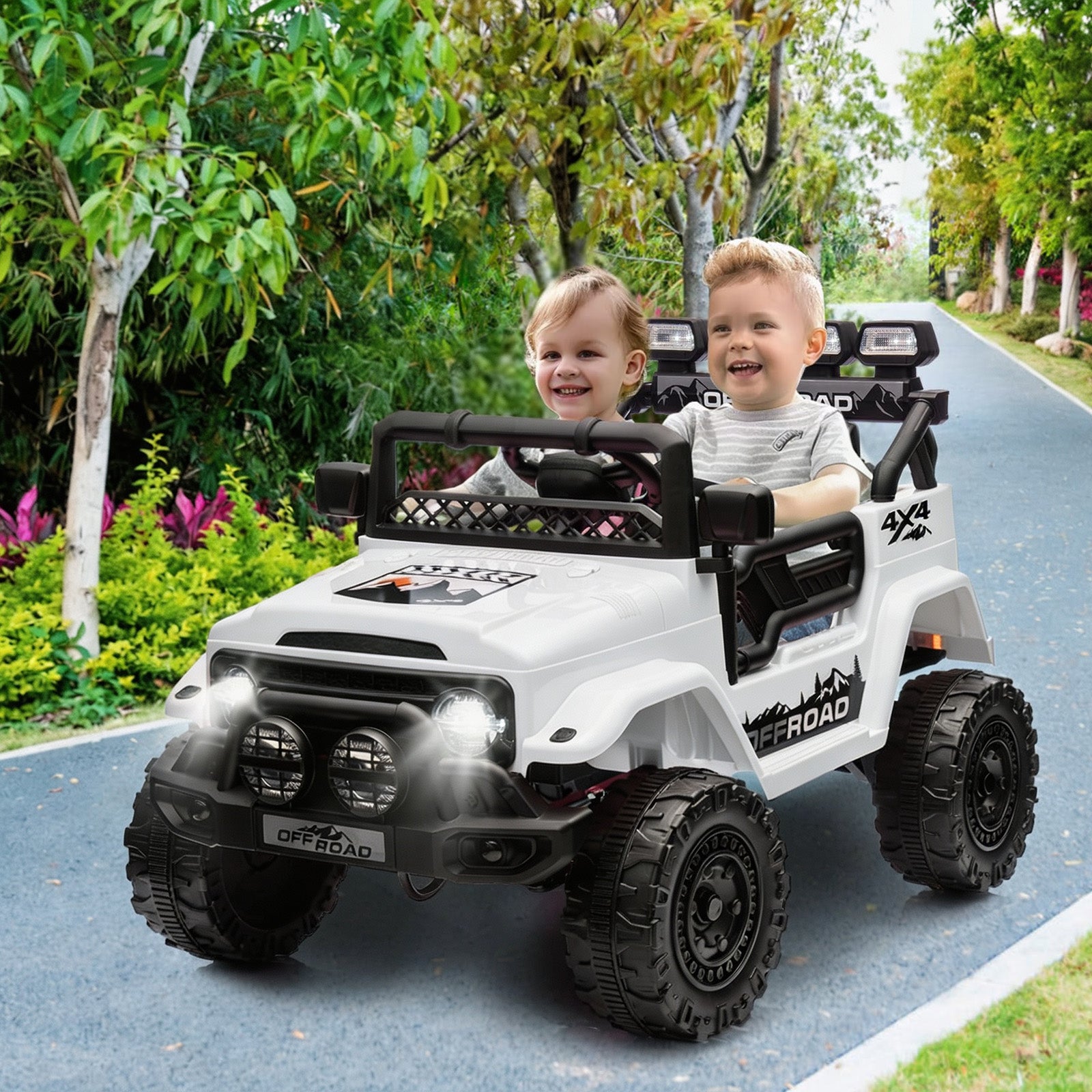 Garvee Coche a Batería 12V para Niños de 3 a 6 Años, Todoterreno Eléctrico con Mando a Distancia Parental, Reproductor Bluetooth y Doble Motor, Blanco