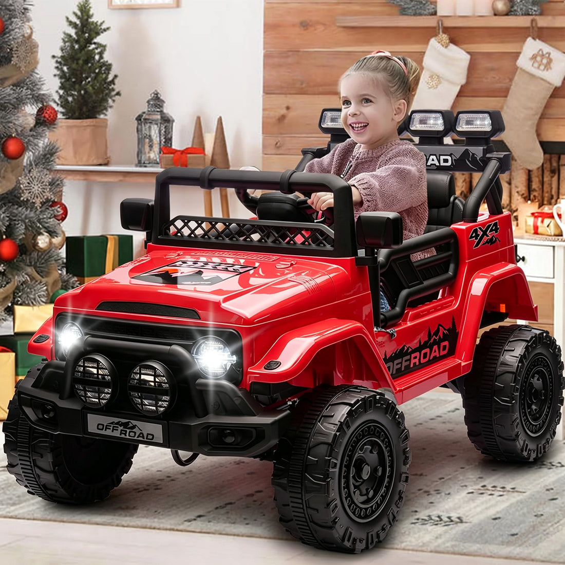 Garvee Coche Eléctrico para Niños 12V, Todoterreno Infantil con Control Remoto 2.4G, Doble Motor, Bluetooth, Luces LED y Arranque Suave, 3-6 Años, Rojo