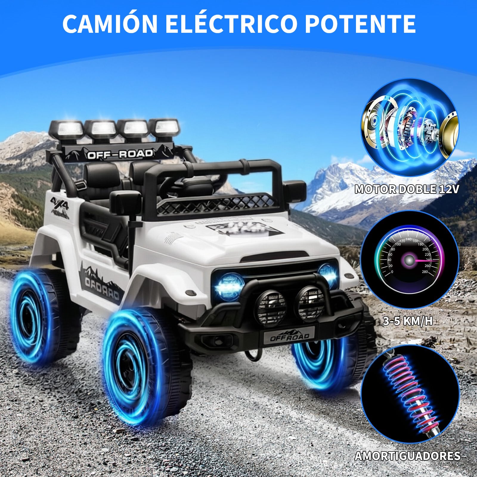 Garvee Coche a Batería 12V para Niños de 3 a 6 Años, Todoterreno Eléctrico con Mando a Distancia Parental, Reproductor Bluetooth y Doble Motor, Blanco