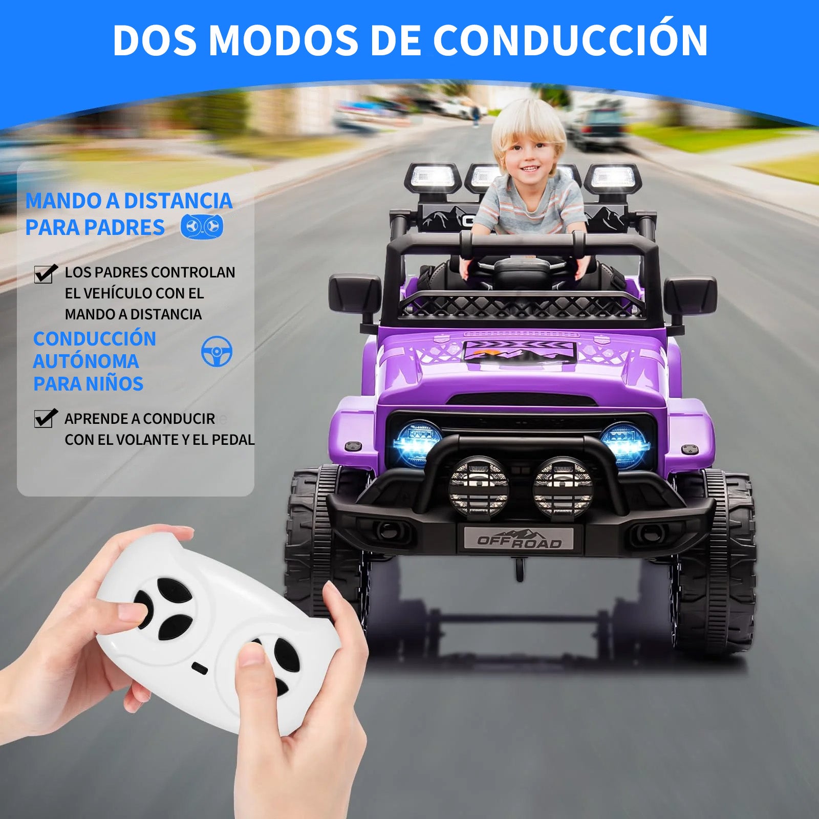 Garvee Coche Eléctrico Infantil 12V con Control Remoto y 3 Velocidades, Doble Motor, Bluetooth, Luces LED y Cinturones de Seguridad, para Niños de 3 a 6 Años, Morado