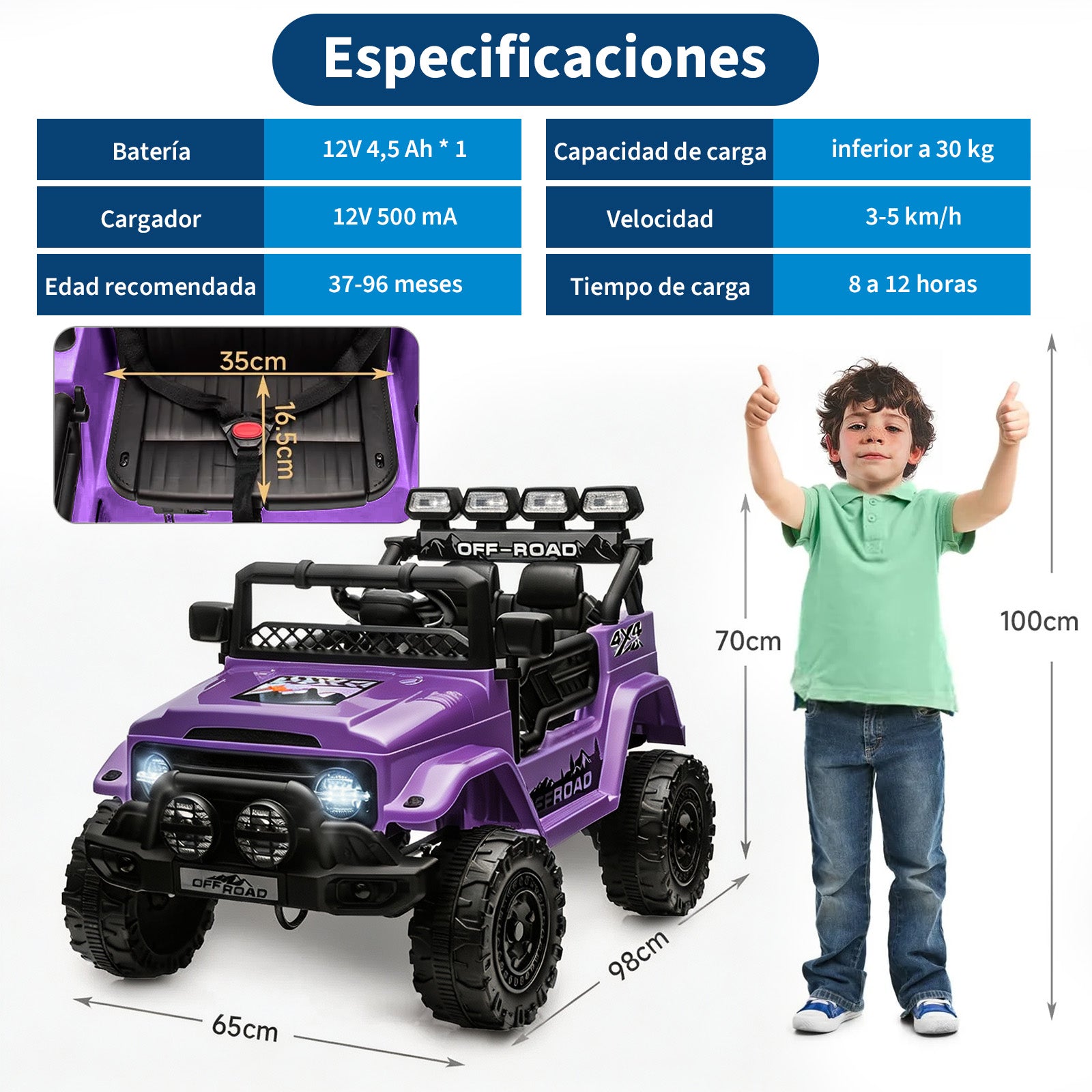 Garvee Coche Eléctrico Infantil 12V con Control Remoto y 3 Velocidades, Doble Motor, Bluetooth, Luces LED y Cinturones de Seguridad, para Niños de 3 a 6 Años, Morado